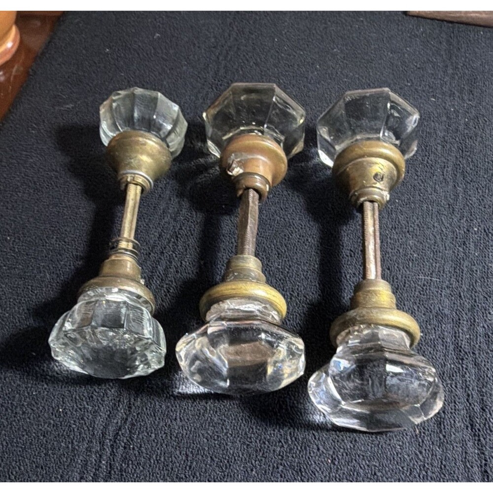 Lot of 3 Vintage Clear Glass Octagon Door Knobs, Antique Brass Finish, Interior